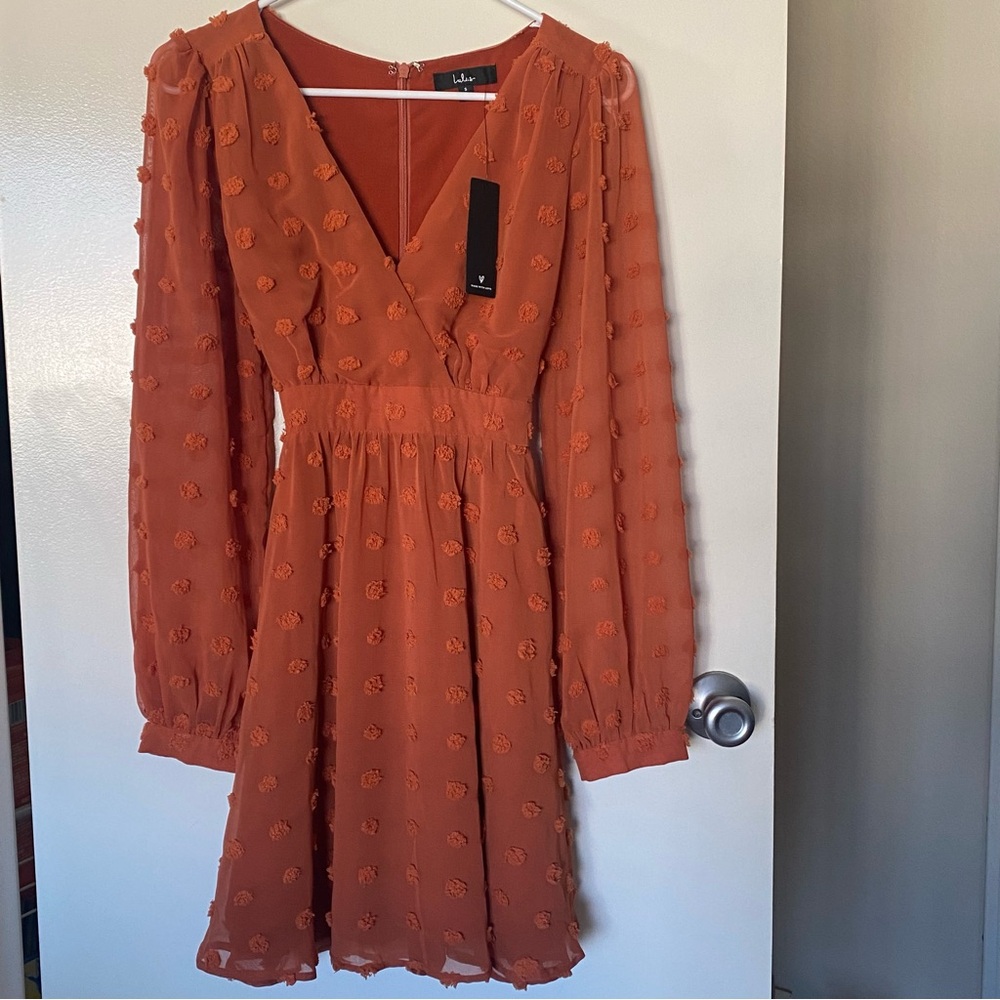 Lulu’s Rust Orange Clip‎ Dot Dress NWOT